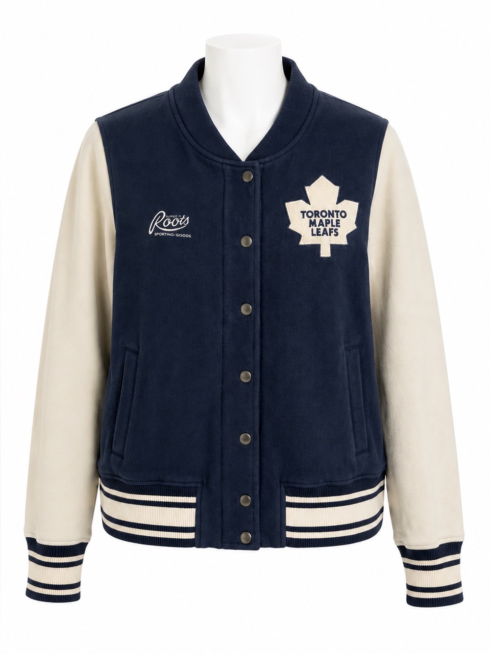 Size L Roots Women’s Toronto Maple Leafs Varsity Jacket NHL Snap Front Blue